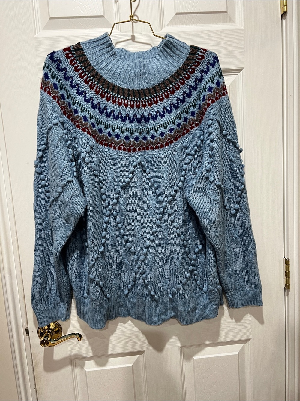 Cabin Creek Vintage Fair Isle Popcorn Detail Mock-Neck Sweater Blue Multi Sz 18W